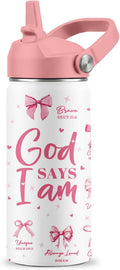 Christian Gifts, Pink Bow Water Bottle with Straw Lid, 16 Oz Insulated Stainless Steel, Christian Cups Gifts for Birthday Christmas