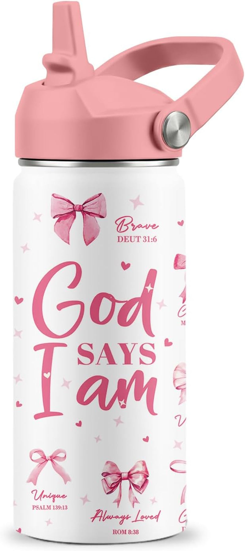Christian Gifts, Pink Bow Water Bottle with Straw Lid, 16 Oz Insulated Stainless Steel, Christian Cups Gifts for Birthday Christmas