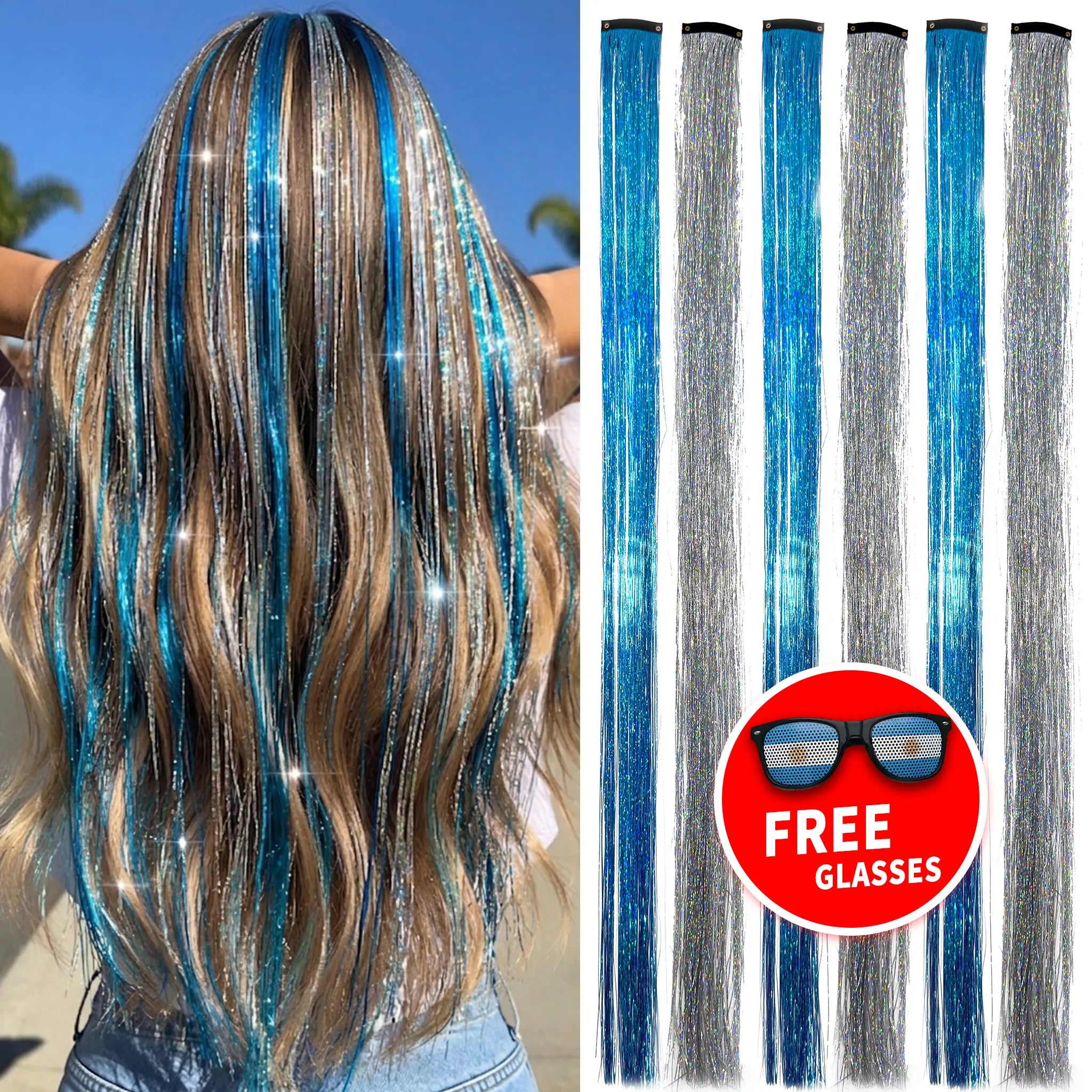 Holographic Hair Tinsel Easy Clip-In Sparkle Hair；Fairy Hair Tinsel Kit – No Damage, Super Shiny；Sparkly Hair Strands for Party & Game Day；Clip-In Hair Tinsel – Shimmer in Seconds