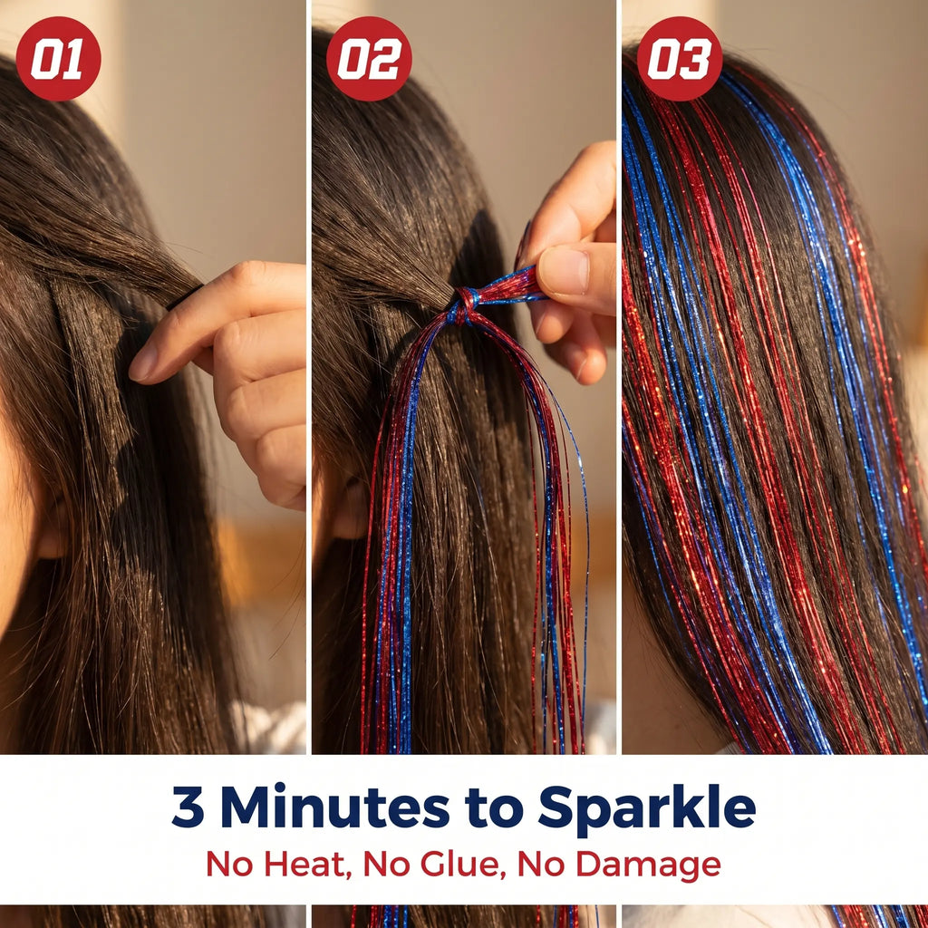 Holographic Hair Tinsel Easy Clip-In Sparkle Hair；Fairy Hair Tinsel Kit – No Damage, Super Shiny；Sparkly Hair Strands for Party & Game Day；Clip-In Hair Tinsel – Shimmer in Seconds