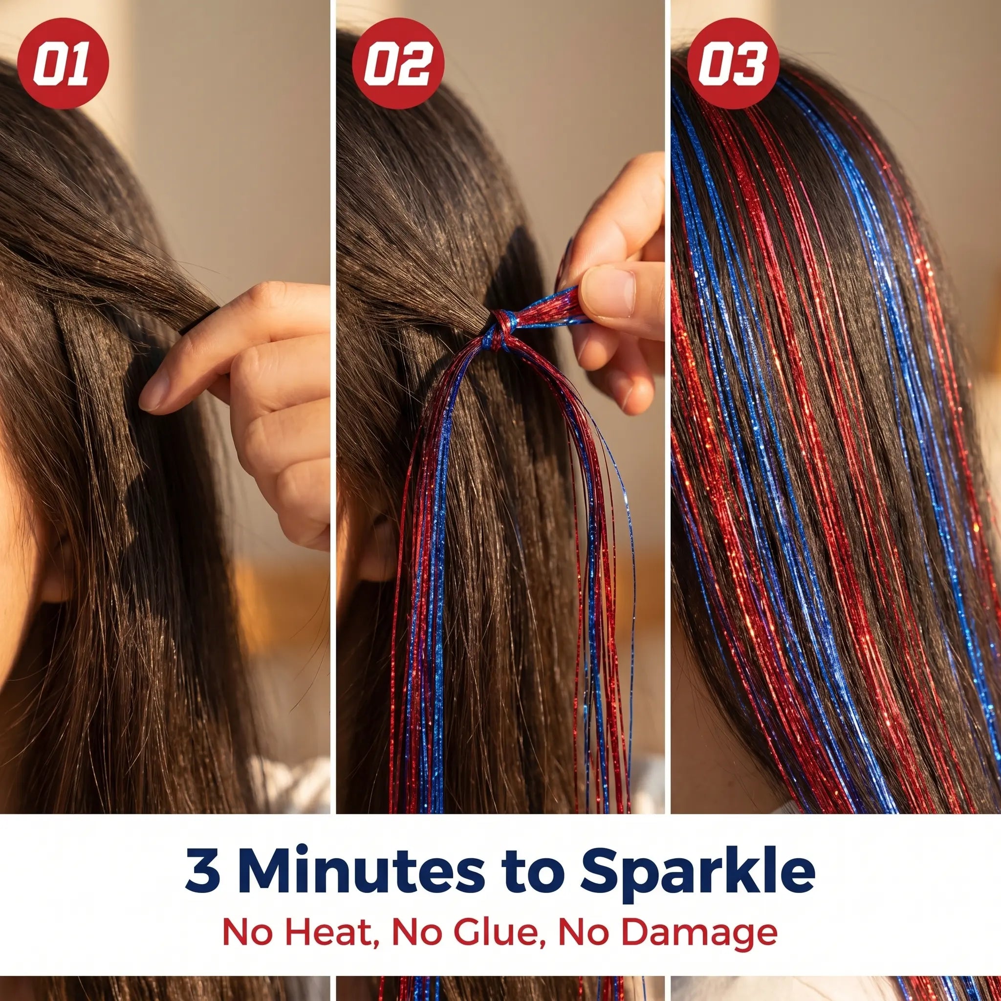 Holographic Hair Tinsel Easy Clip-In Sparkle Hair；Fairy Hair Tinsel Kit – No Damage, Super Shiny；Sparkly Hair Strands for Party & Game Day；Clip-In Hair Tinsel – Shimmer in Seconds