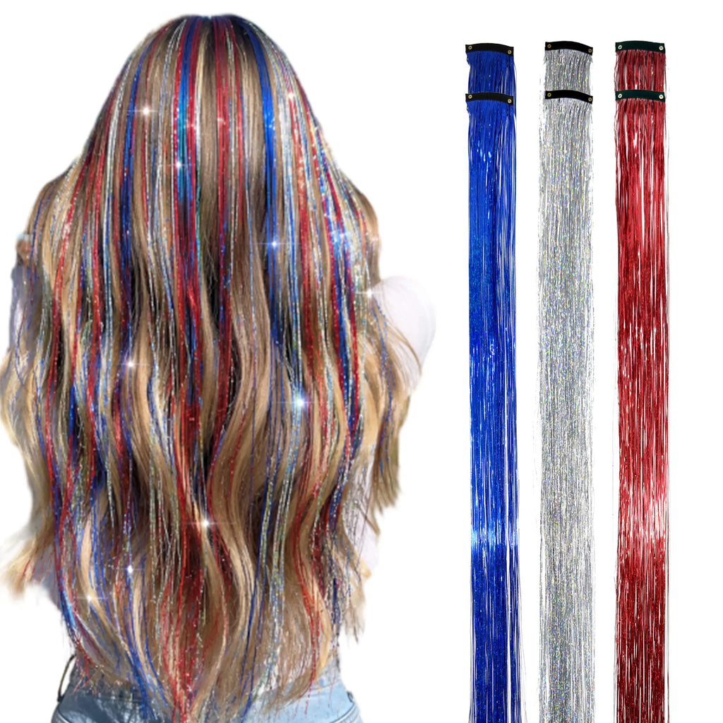 Holographic Hair Tinsel Easy Clip-In Sparkle Hair；Fairy Hair Tinsel Kit – No Damage, Super Shiny；Sparkly Hair Strands for Party & Game Day；Clip-In Hair Tinsel – Shimmer in Seconds