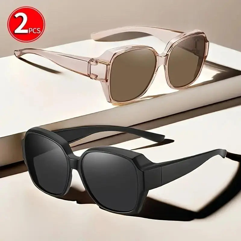 Retro Over-Glasses Sunglasses 2 Pack, Oversized Fit-Over Shades for Men Women, Wear Alone or over Prescription Glasses, Driving & Travel