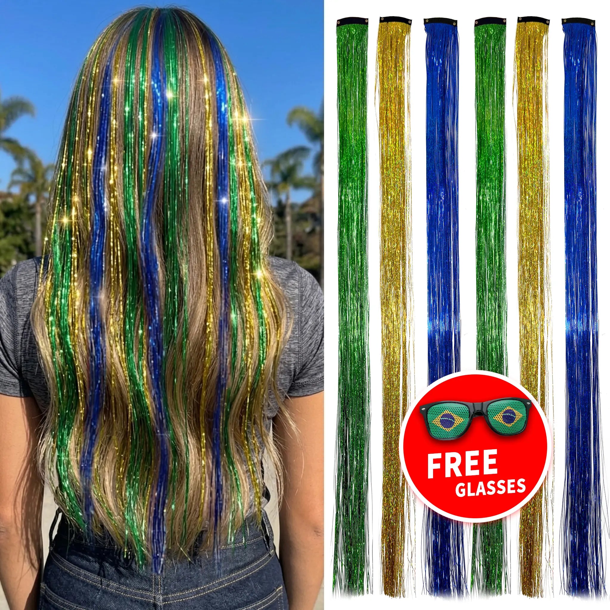 Holographic Hair Tinsel Easy Clip-In Sparkle Hair；Fairy Hair Tinsel Kit – No Damage, Super Shiny；Sparkly Hair Strands for Party & Game Day；Clip-In Hair Tinsel – Shimmer in Seconds