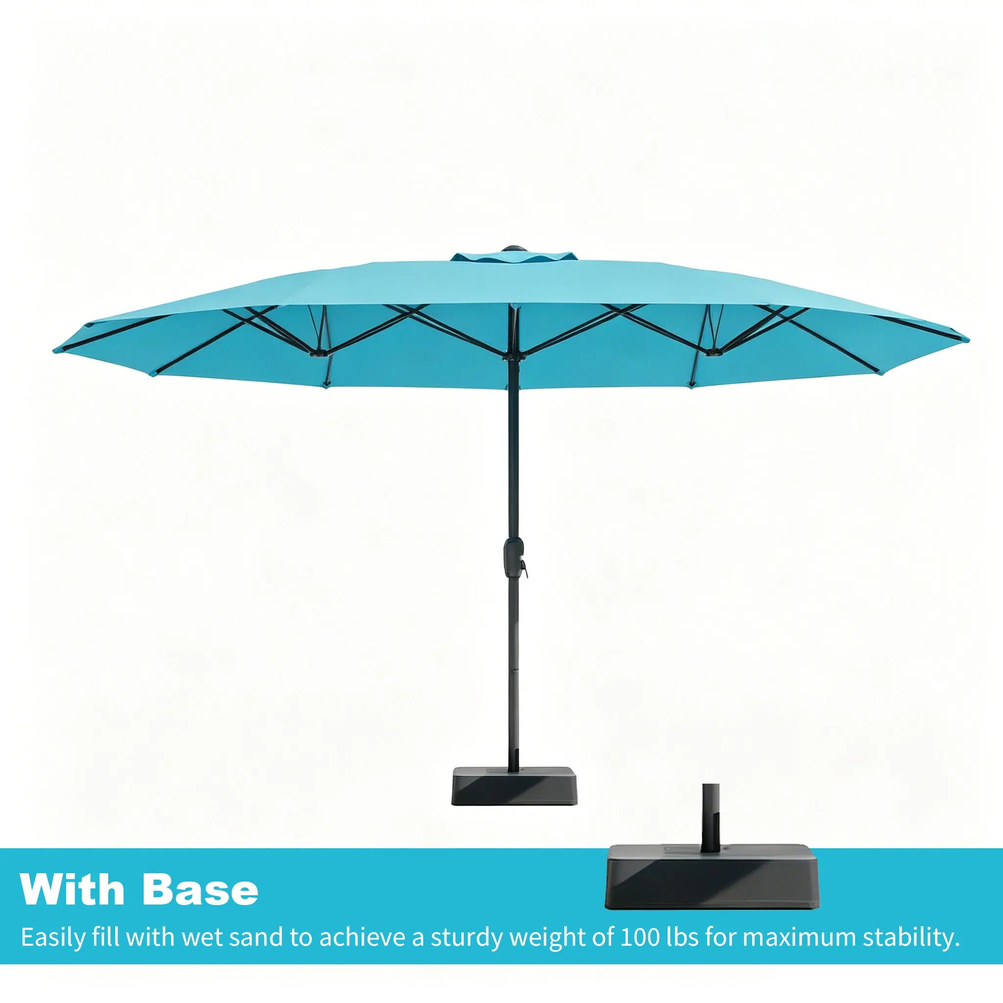 [Summervibes] Garvee 15Ft Large Outdoor Patio Umbrella with Base – LED Light Option, Double-Sided, Crank Handle, Waterproof, Comes with Weighted Base and Sandbag, Accommodates 10 People, Great for Poolside, Garden, Lawn, Backyard, Deck and Beach