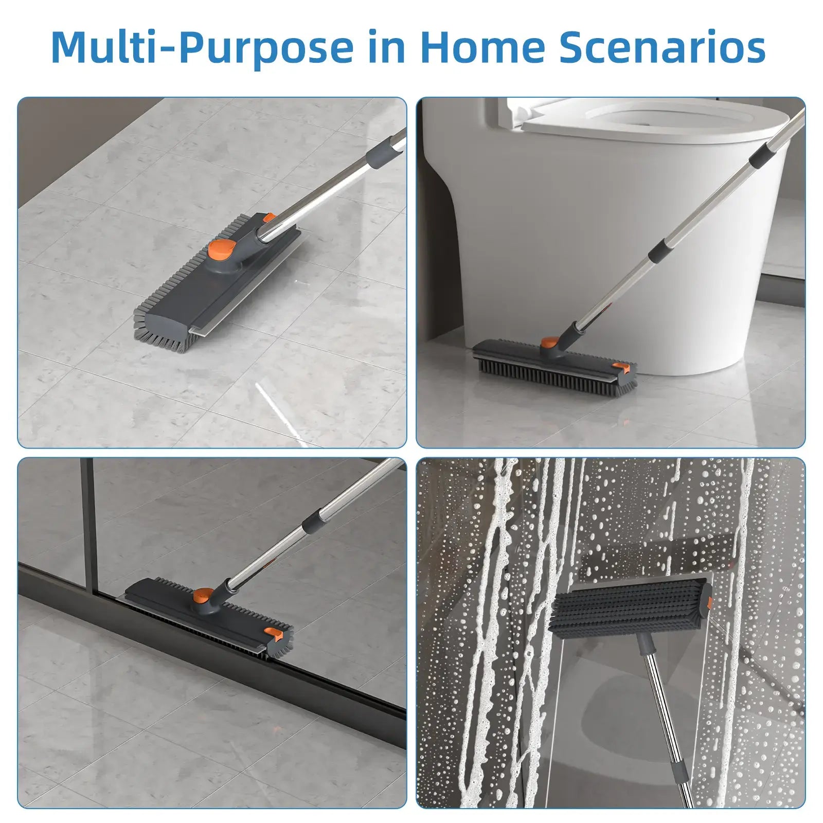 360° Rotating Floor Scrub Brush with Long Handle, 3-In-1 Scrubber & Squeegee for Bathroom, Tile, Shower, Garage and Outdoor Cleaning