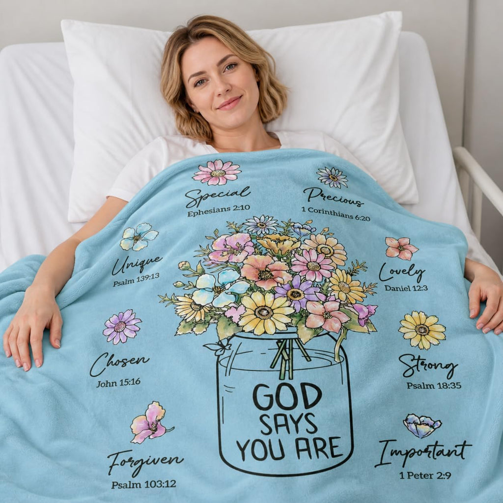Christian Gifts for Women, Christian Blanket with Flowers 60''X 50'', Birthday Gifts for Women, Spiritual Baptism Religious Gifts for Sister, Mom, Daughter, Bestie, Soft Throw Blankets(Light Blue)