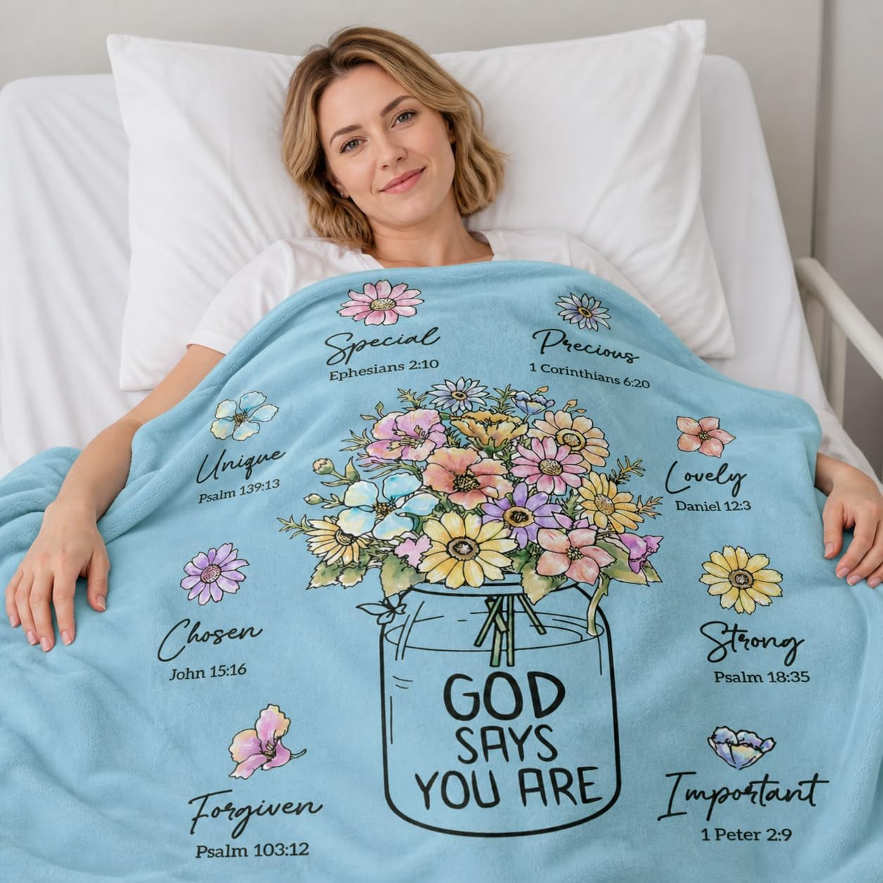 Christian Gifts for Women, Christian Blanket with Flowers 60''X 50'', Birthday Gifts for Women, Spiritual Baptism Religious Gifts for Sister, Mom, Daughter, Bestie, Soft Throw Blankets(Light Blue)