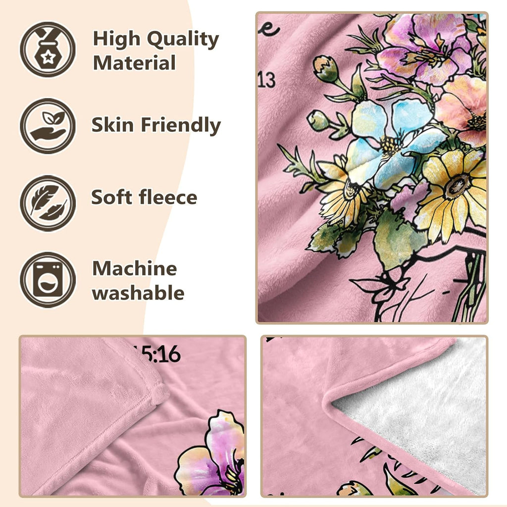 Christian Gifts for Women, Pink Christian Blanket with Flowers, Birthday Gifts for Women, Baptism Religious Mothers Day Spiritual Gifts for Sister Daughter Girls Mom Friend, Throw Blankets 60''X 50''