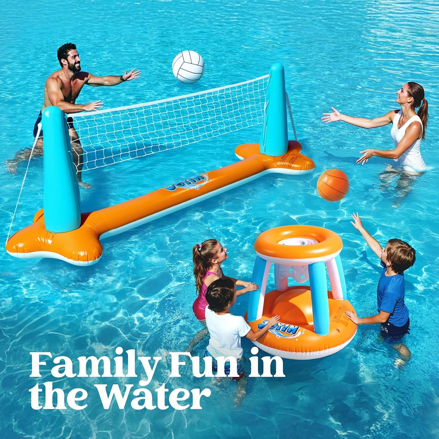 XL Inflatable Pool Float Set, 125'' Volleyball Net & Basketball Hoops, Extra Large Floating Swimming Game Toy for Kids and Adults, Summer Floaties, Volleyball Court|Basketball, Xl-Orange