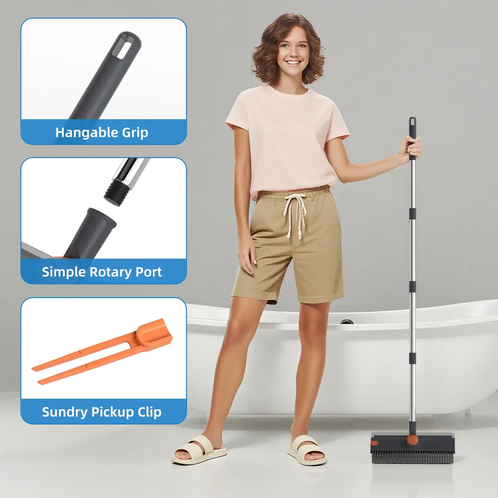 360° Rotating Floor Scrub Brush with Long Handle, 3-In-1 Scrubber & Squeegee for Bathroom, Tile, Shower, Garage and Outdoor Cleaning
