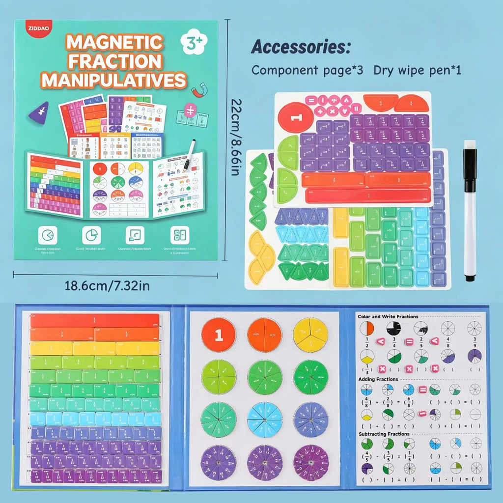 Magnetic Fraction Educational Book for Kids (Ages 3+) – Tri-Fold Board Book with Fraction Tiles & Dry-Erase Activity Card – Hands-On Math Manipulatives for Elementary School – Visual Learning Tool for Fractions, Addition & Subtraction