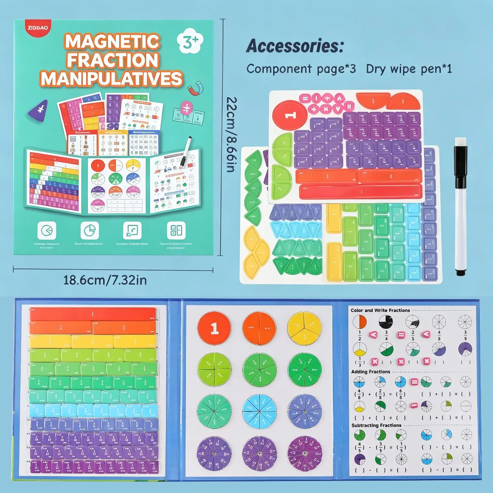 Magnetic Fraction Educational Book for Kids (Ages 3+) – Tri-Fold Board Book with Fraction Tiles & Dry-Erase Activity Card – Hands-On Math Manipulatives for Elementary School – Visual Learning Tool for Fractions, Addition & Subtraction