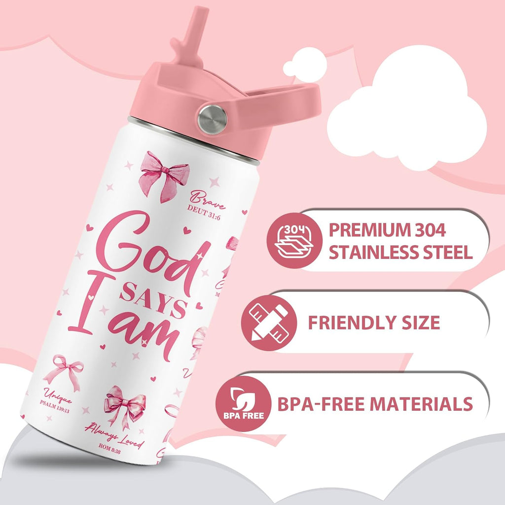 Christian Gifts, Pink Bow Water Bottle with Straw Lid, 16 Oz Insulated Stainless Steel, Christian Cups Gifts for Birthday Christmas