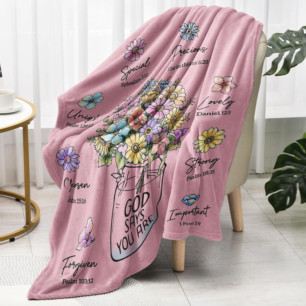 Christian Gifts for Women, Pink Christian Blanket with Flowers, Birthday Gifts for Women, Baptism Religious Mothers Day Spiritual Gifts for Sister Daughter Girls Mom Friend, Throw Blankets 60''X 50''