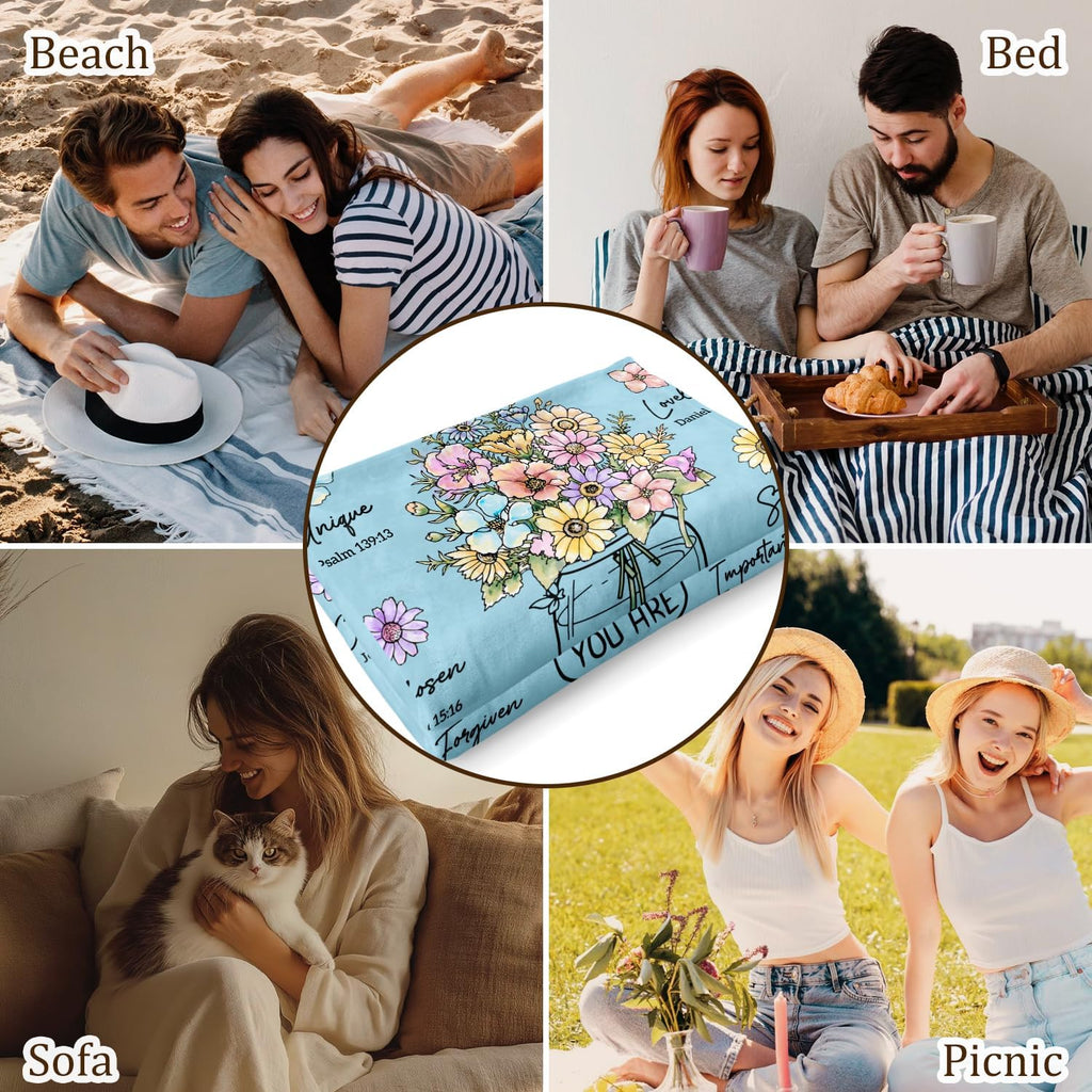 Christian Gifts for Women, Christian Blanket with Flowers 60''X 50'', Birthday Gifts for Women, Spiritual Baptism Religious Gifts for Sister, Mom, Daughter, Bestie, Soft Throw Blankets(Light Blue)