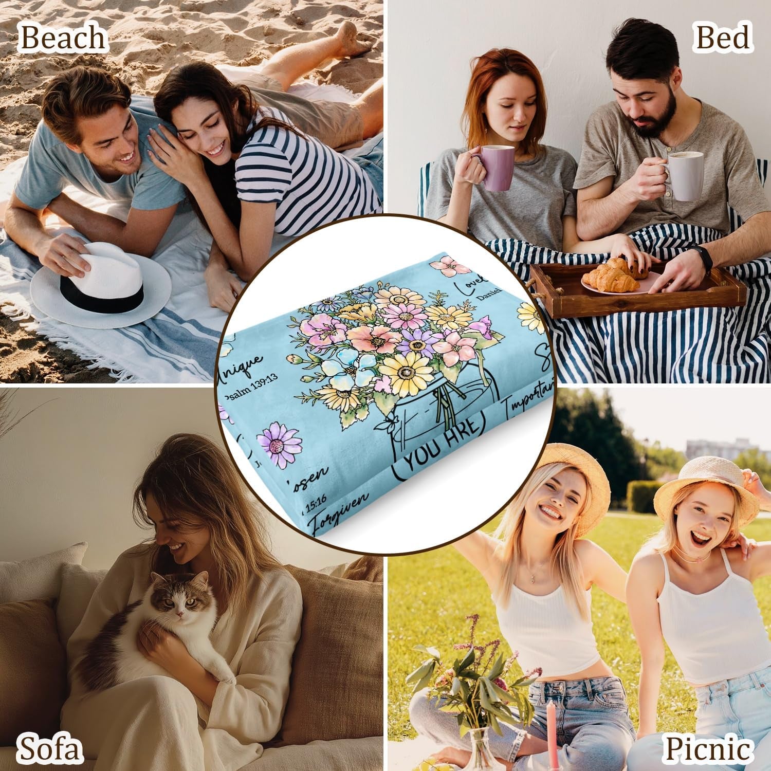 Christian Gifts for Women, Christian Blanket with Flowers 60''X 50'', Birthday Gifts for Women, Spiritual Baptism Religious Gifts for Sister, Mom, Daughter, Bestie, Soft Throw Blankets(Light Blue)