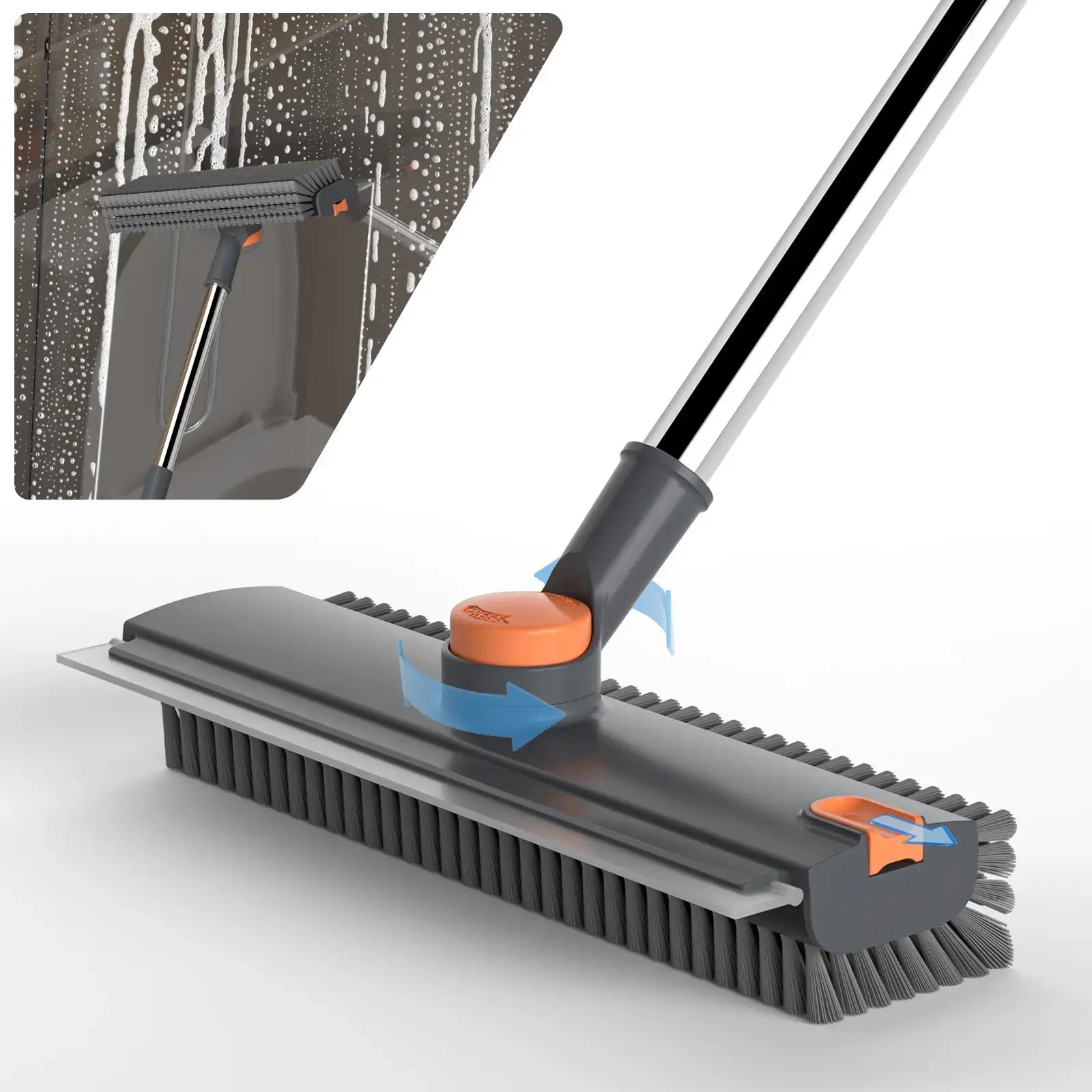 360° Rotating Floor Scrub Brush with Long Handle, 3-In-1 Scrubber & Squeegee for Bathroom, Tile, Shower, Garage and Outdoor Cleaning