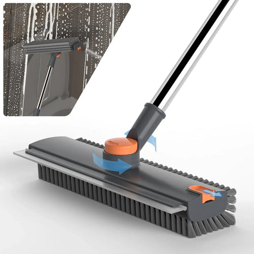 360° Rotating Floor Scrub Brush with Long Handle, 3-In-1 Scrubber & Squeegee for Bathroom, Tile, Shower, Garage and Outdoor Cleaning