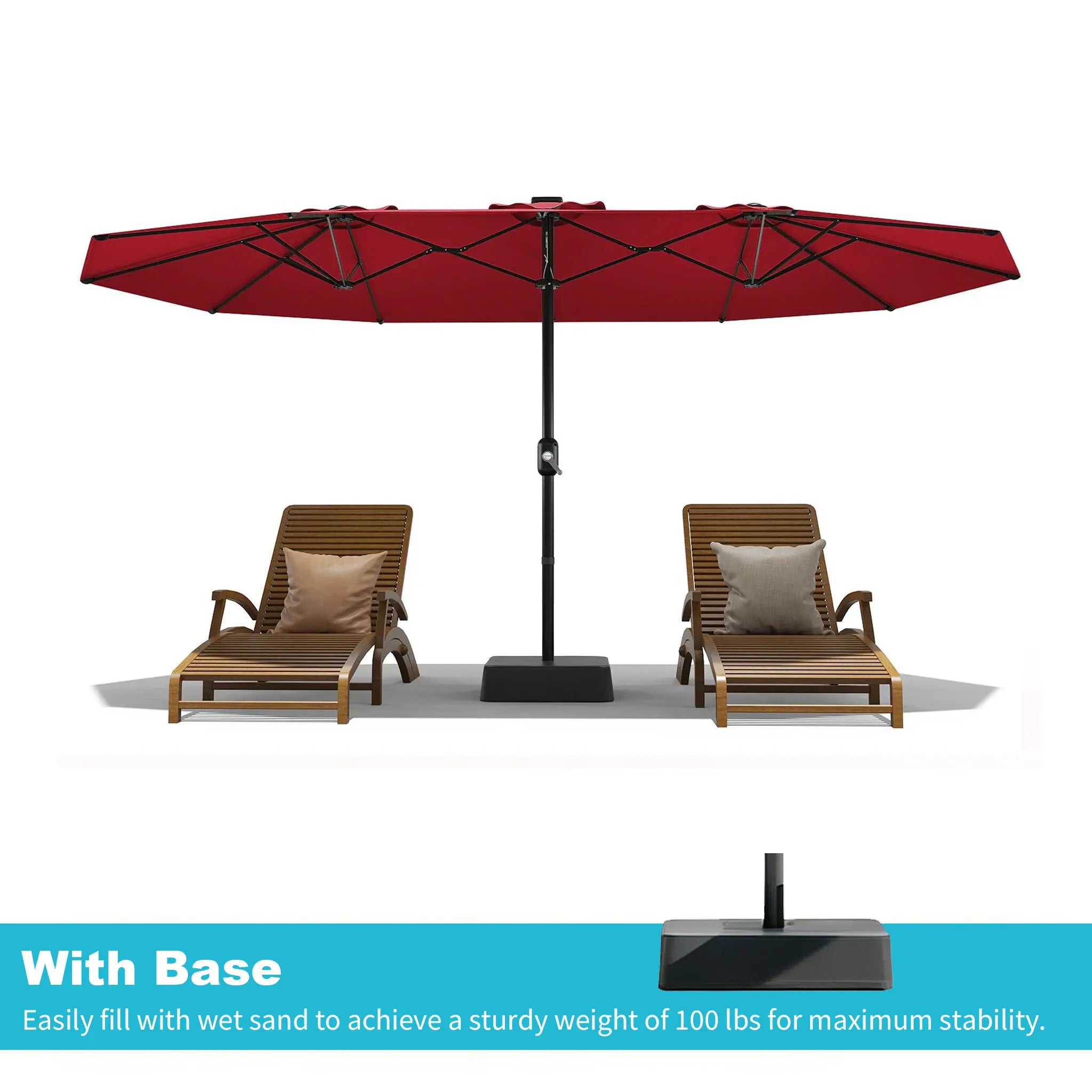 [Summervibes] Garvee 15Ft Large Outdoor Patio Umbrella with Base – LED Light Option, Double-Sided, Crank Handle, Waterproof, Comes with Weighted Base and Sandbag, Accommodates 10 People, Great for Poolside, Garden, Lawn, Backyard, Deck and Beach