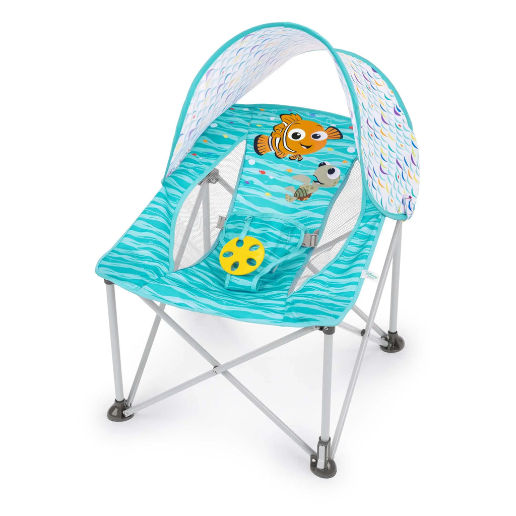 Bright Starts Pop ‘N Chill Travel Seat – Lightweight Foldable Baby Seat with Canopy, UPF 50+ Sun Protection, 3-Point Harness, Machine Washable Pad, Multiple Color Options, Newborn to 6 Months