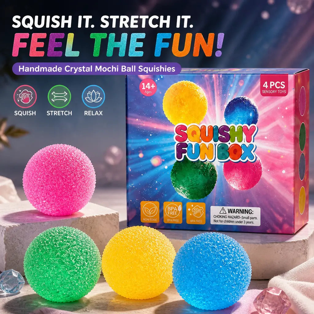 4-Piece Set Mystery Squishy Fun Box,Blind Box Malt Sugar Stress Relief Fidget Toys, Handmade Crystal Mochi Ball Squishies, Soft Stress Relief Fidgeting Toy, Anxiety Fidgets Sensory Play Set for Relaxing & Gifting