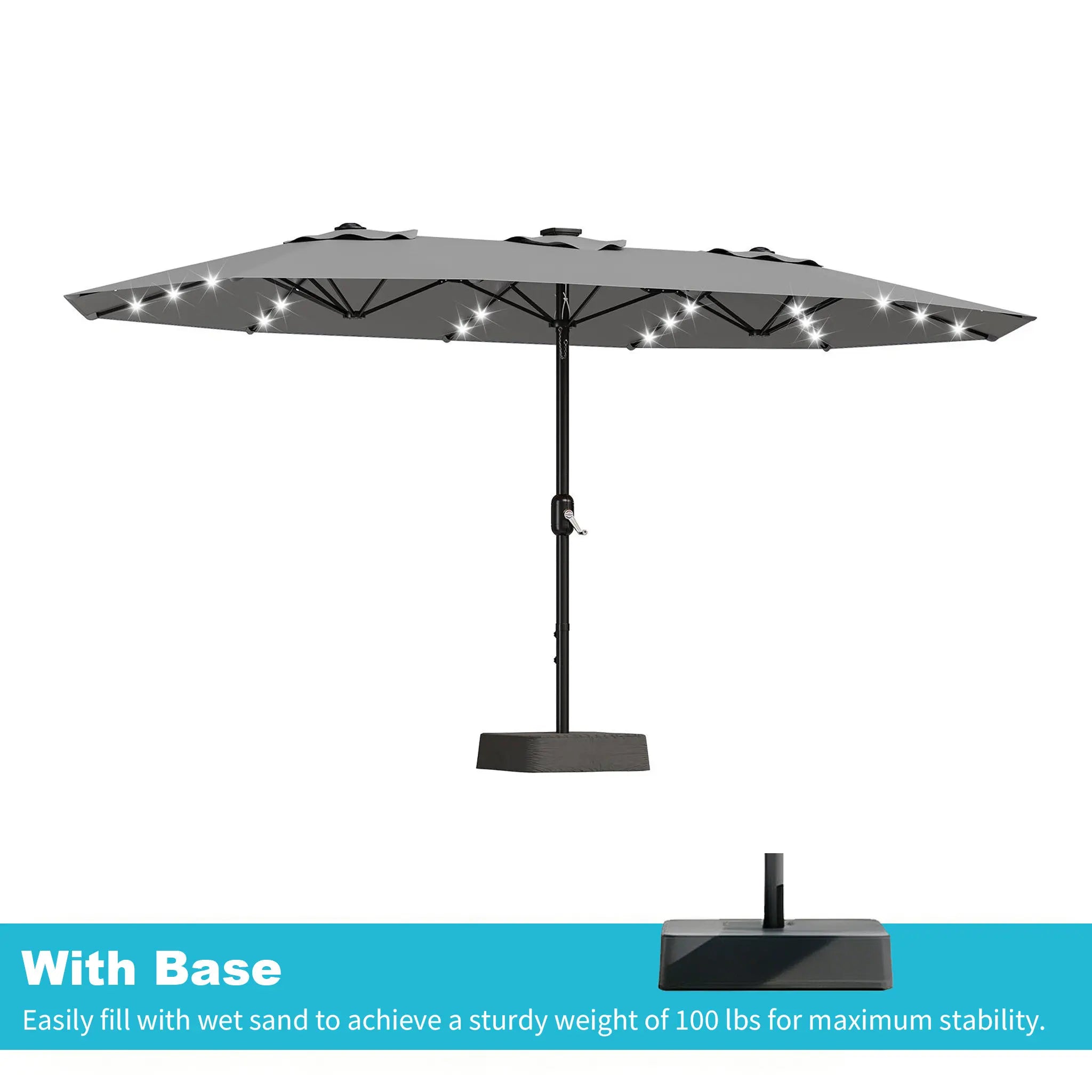 [Summervibes] Garvee 15Ft Large Outdoor Patio Umbrella with Base – LED Light Option, Double-Sided, Crank Handle, Waterproof, Comes with Weighted Base and Sandbag, Accommodates 10 People, Great for Poolside, Garden, Lawn, Backyard, Deck and Beach