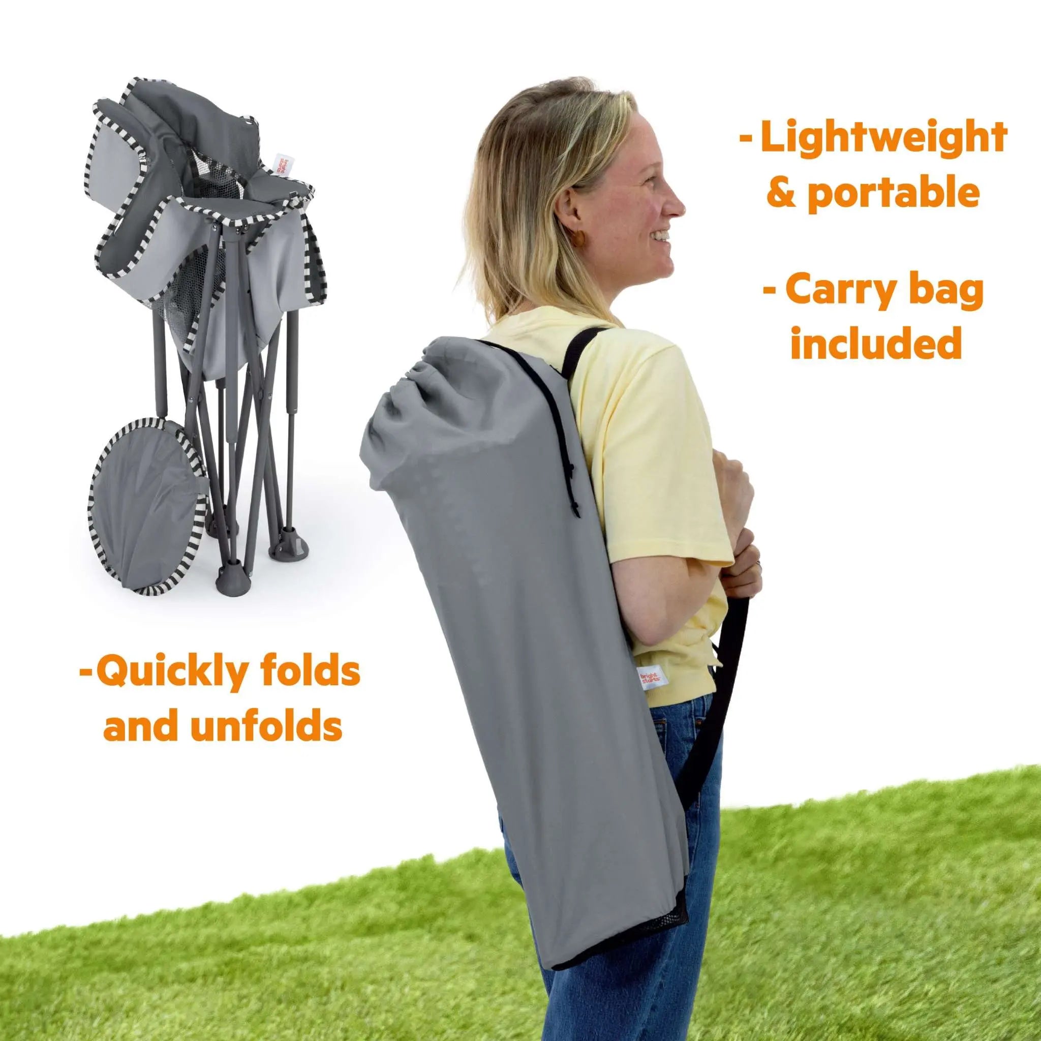 Bright Starts Pop ‘N Chill Travel Seat – Lightweight Foldable Baby Seat with Canopy, UPF 50+ Sun Protection, 3-Point Harness, Machine Washable Pad, Multiple Color Options, Newborn to 6 Months
