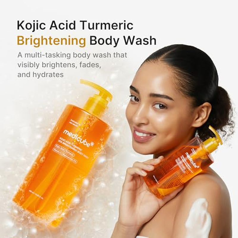 Kojic Acid Brightening Body Care Duo: Turmeric Body Peel Shot and Kojic Acid Body Wash | for Brightening, Exfoliating with Citrus Scent for Fresh Shower Routine