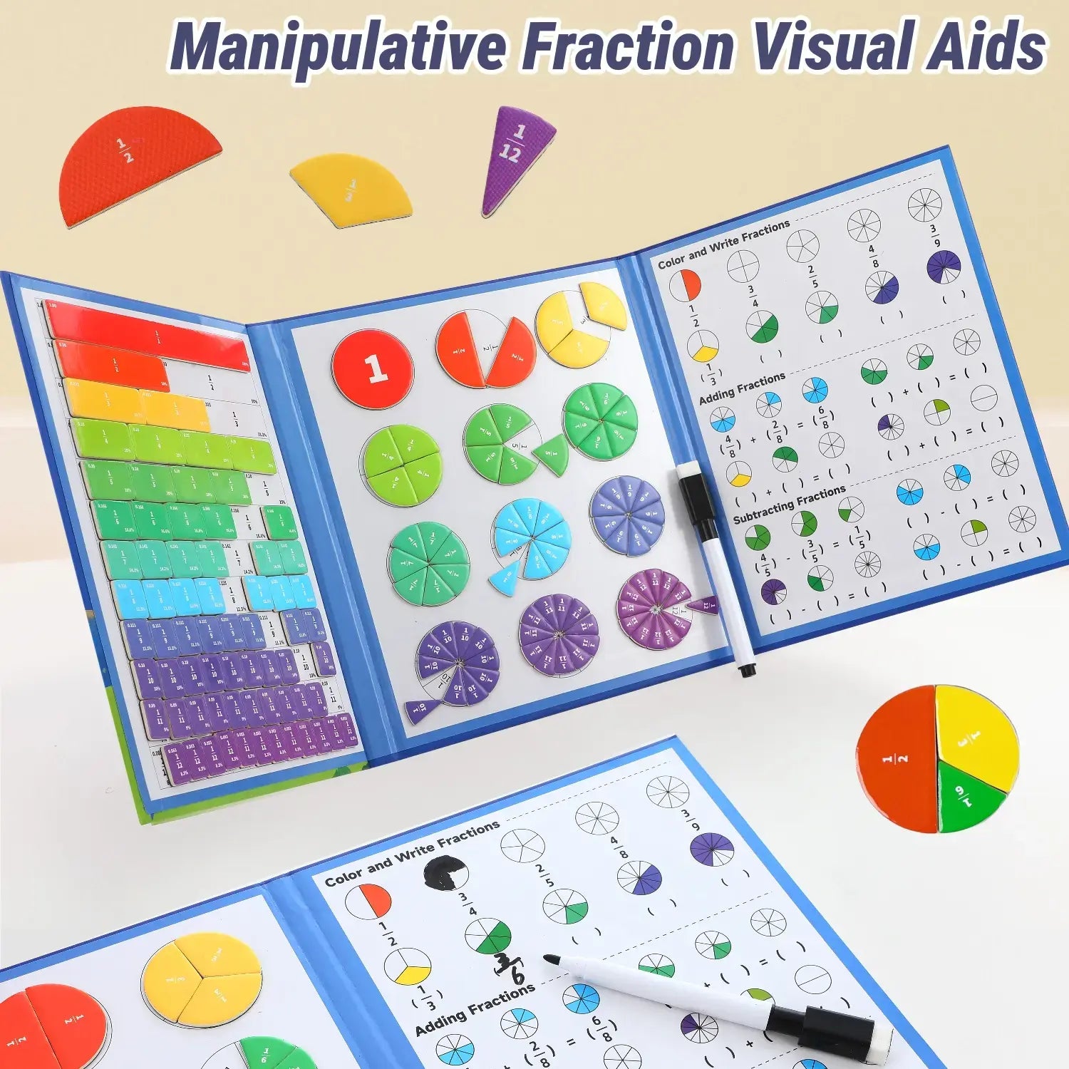 Magnetic Fraction Educational Book for Kids (Ages 3+) – Tri-Fold Board Book with Fraction Tiles & Dry-Erase Activity Card – Hands-On Math Manipulatives for Elementary School – Visual Learning Tool for Fractions, Addition & Subtraction
