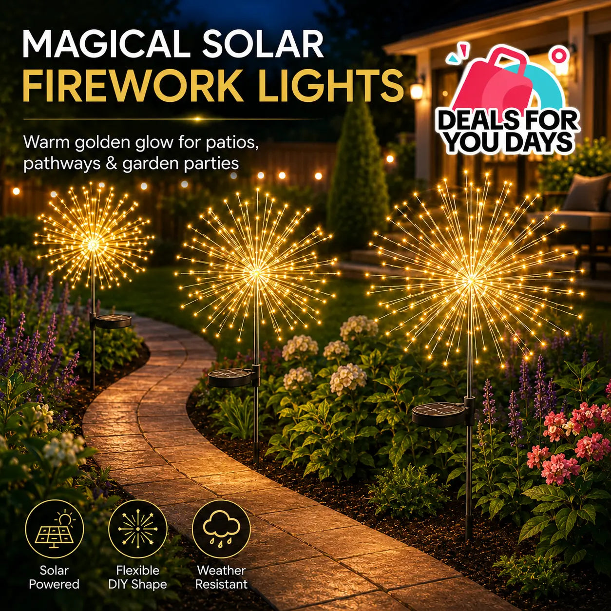 Solar Garden Lights Outdoor, 150LED Firework Lights for Summer, Waterproof Solar Fairy Lights with 8 Lighting Modes, Decorative Twinkle Lights for Garden, Yard, Patio, Pathway, Lawn & Outdoor Decor