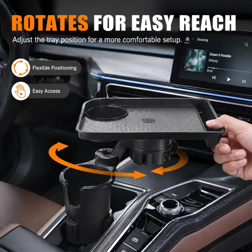 Car Cup Holder Tray Table, Rotating Food and Drink Organizer with Phone Slot, Adjustable Base for Road Trips, Lunch Breaks and Car Essentials
