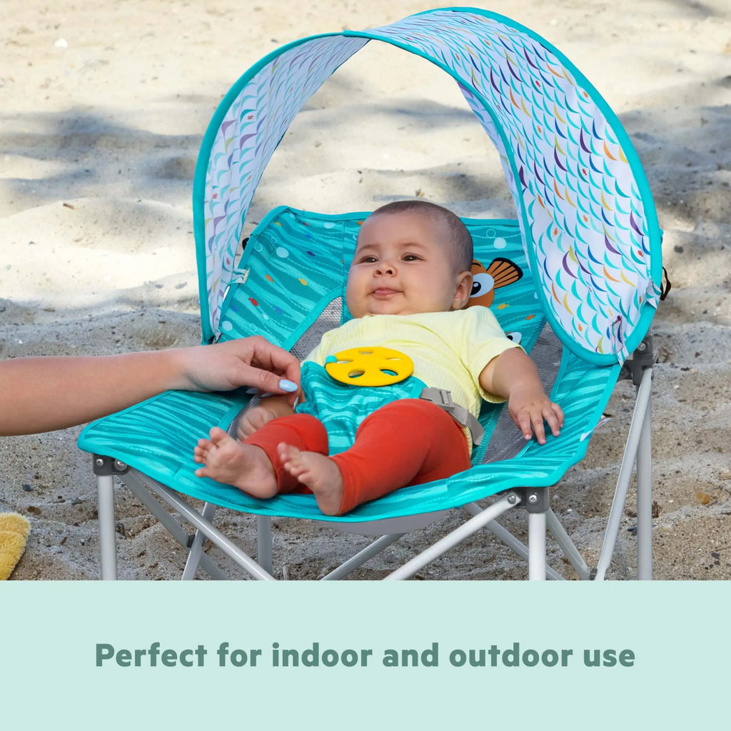 Bright Starts Pop ‘N Chill Travel Seat – Lightweight Foldable Baby Seat with Canopy, UPF 50+ Sun Protection, 3-Point Harness, Machine Washable Pad, Multiple Color Options, Newborn to 6 Months