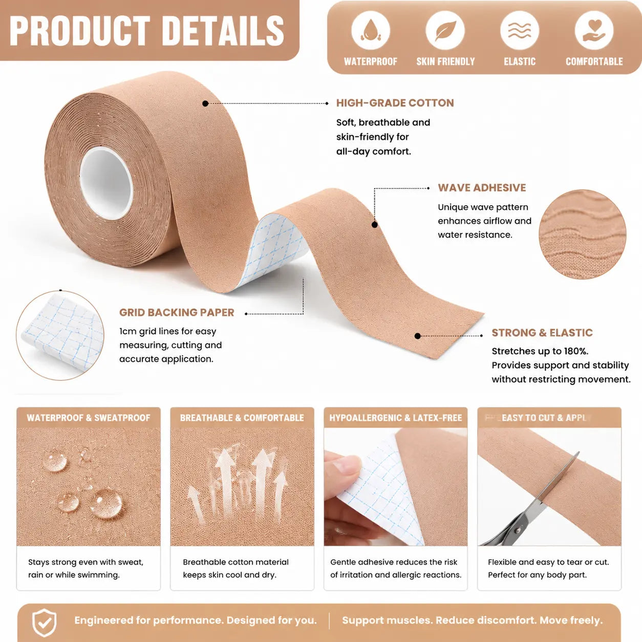 Uncut Elastic Stabilizing Sports Tape, Athletic Kinesiology Kinetic Tape, Waterproof, Sweat-Resistant, Skin-Friendly, Flexible, Breathable, Relieves Knee Pain & Sprains, Ideal for Exercise & Outdoor Activities, Stabilizing Sports Tapes