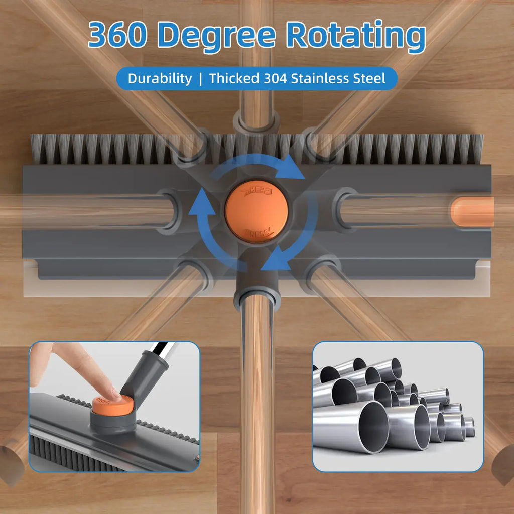 360° Rotating Floor Scrub Brush with Long Handle, 3-In-1 Scrubber & Squeegee for Bathroom, Tile, Shower, Garage and Outdoor Cleaning